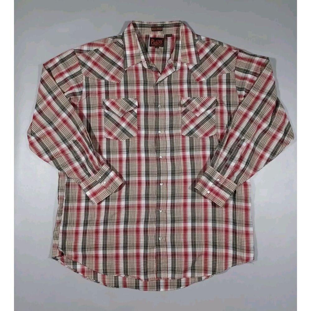 Plains Shirt Mens 2XL Brown Red Plaid Pearl Snap Western Long Sleeve Lightweight